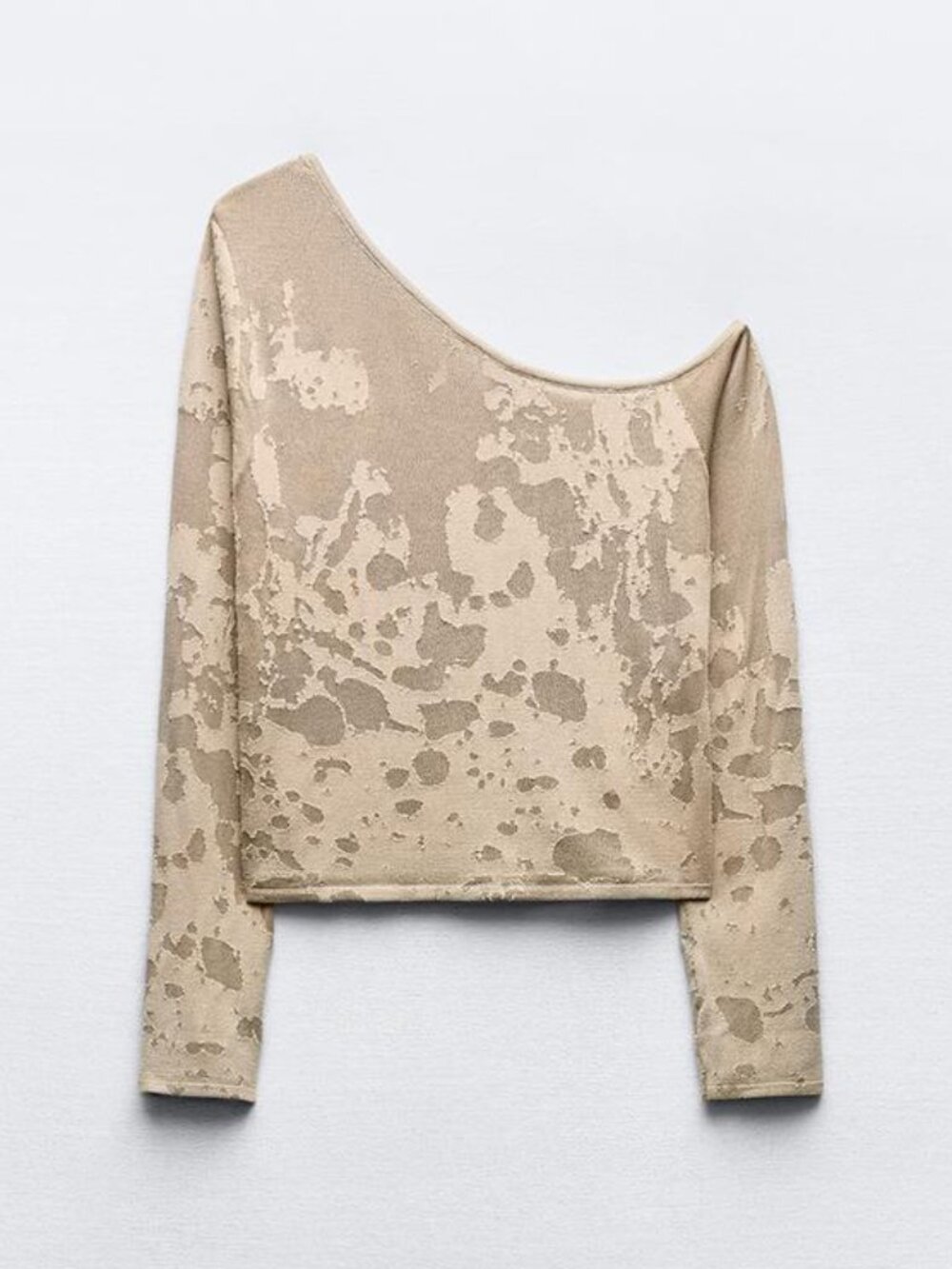 Zara M Beige Patterned Long-Sleeve Cropped Jersey Off Shoulder Top